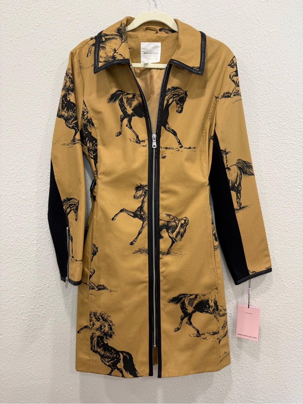 Avec Les Filles Tan Horse-Print Zip Front Pea Coat